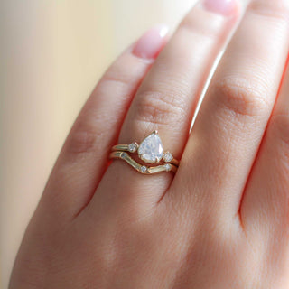 Three diamond contour band wedding set on hand