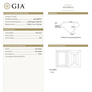 1.04ct 15.35x4.17x1.59mm GIA VS2 I Baguette Step Cut 23037-01