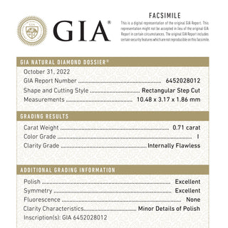 0.71ct 10.48x3.17x1.86mm GIA Internally Flawless I Baguette Step Cut 24302-01