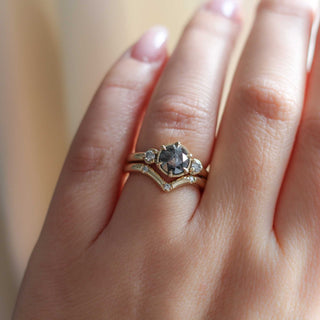 Three diamond chevron band wedding set on hand