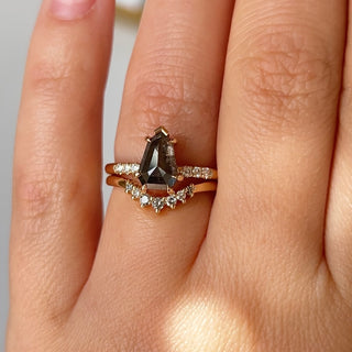 Shield Cut Salt And Pepper Diamond Ring with wave diamond band on hand