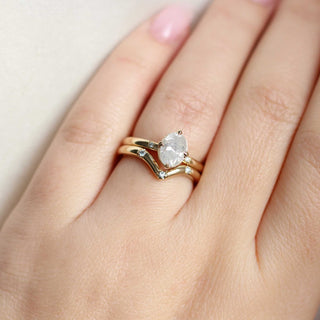 Three diamond chevron band wedding set on hand