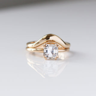 Asscher Cut Sapphire Ring paired with gold wave band front view