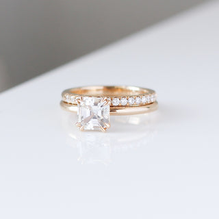 Asscher Cut Sapphire Ring paired with diamond gold band front view
