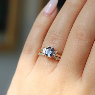 Deco White Lab Diamond Band paired with blue sapphire ring worn on hand in sunlight front view