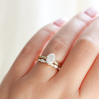 Deco White Lab Diamond Band paired with oval white diamond gold ring being worn on hand