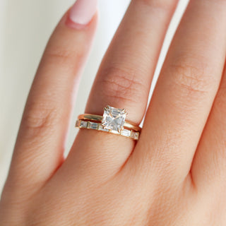 Claire White Lab Diamond Band stacked with square diamond gold ring on hand front view