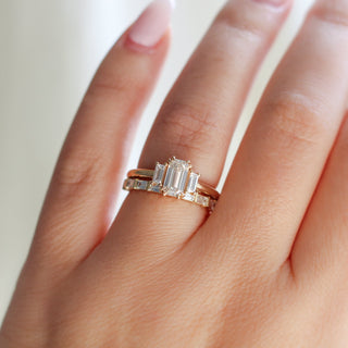 Claire White Lab Diamond Band paired with 3 diamond gold ring worn on hand