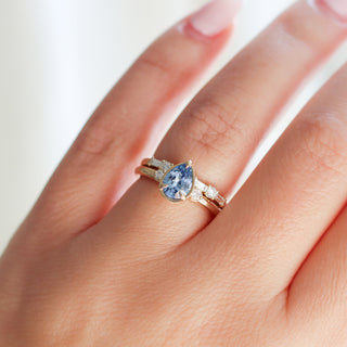 Deco White Lab Diamond Band stacked with pear shaped sapphire ring on hand