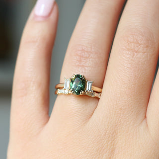 Deco White Lab Diamond Band paired with oval green sapphire ring on hand 