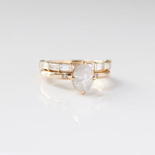 Claire White Lab Diamond Band stacked with Oval white diamond ring front view with reflections