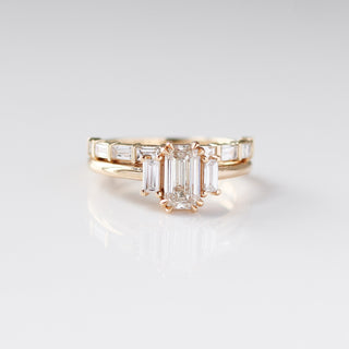 Claire White Lab Diamond Band stacked with 3 Diamond gold ring front view with reflections