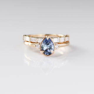 Claire White Lab Diamond Band stacked with blue Sapphire and diamond ring 