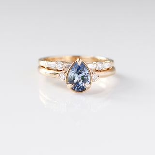 Deci White Lab Diamond Band paired with blue Sapphire and diamond gold ring front view