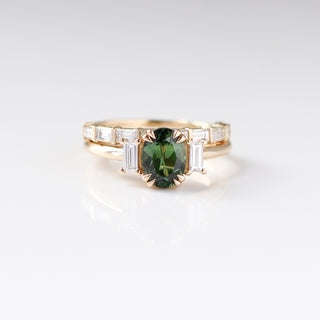 Claire White Lab Diamond Band stacked with green sapphire and diamond gold ring
