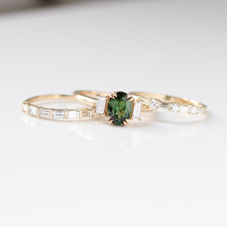 Claire White Lab Diamond Band paired with a green sapphire ring and diamond gold band front view 