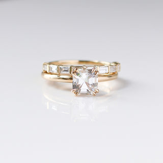 Claire White Lab Diamond Band stacked with square diamond gold ring front view with reflections