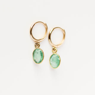 Green Emerald Bezel Drop Hoop Earrings detailed front view