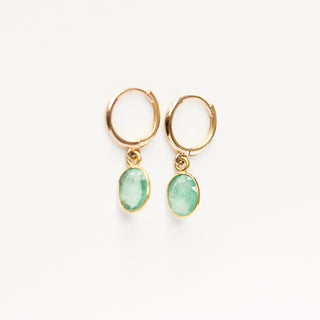 Green Emerald Bezel Drop Hoop Earrings front view
