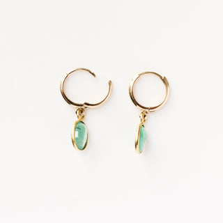 Green Emerald Bezel Drop Hoop Earrings side profile view
