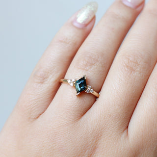 Teal Kite Sapphire Ring on hand deatiled view