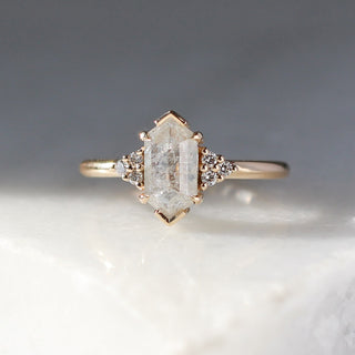 Icy hexagon diamond ring in yellow gold front view  