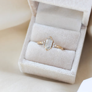 Hexagon diamond engagement ring in ring box