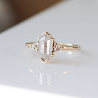 Hexagon diamond engagement ring three quarter view