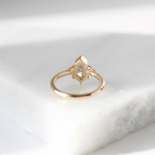 Shield cut icy salt and pepper diamond ring in yellow gold back view