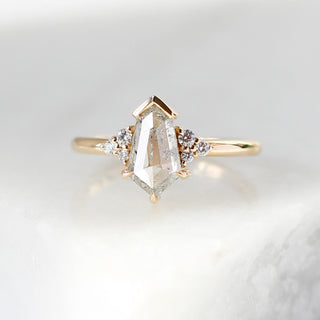 Shield cut icy salt and pepper diamond ring in yellow gold front view