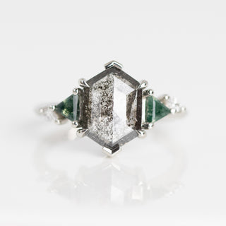 Custom hexagon ring with ethically sourced diamond centre stone in a silver setting, handcrafted by Yuliya Chorna at her Toronto studio.