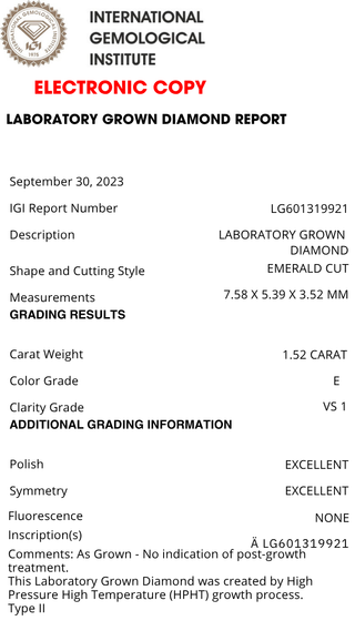 IGI report for 1.52ct emerald cut lab diamond