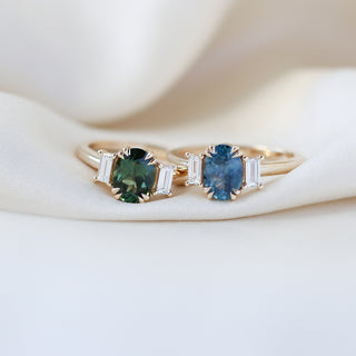 Green and blue oval cut sapphire rings 
