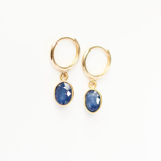 Blue Sapphire Bezel Drop Hoop Earrings  front view