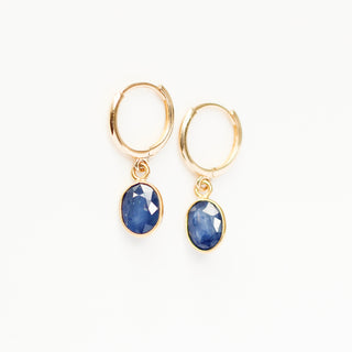 Blue Sapphire Bezel Drop Hoop Earrings detailed front view