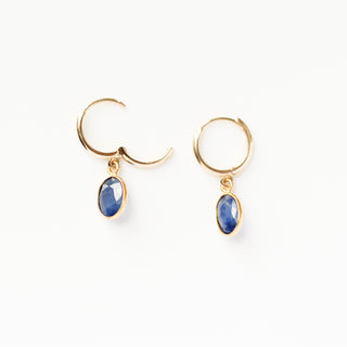 Blue Sapphire Bezel Drop Hoop Earrings side view with open lock
