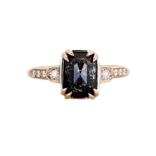 Rectangular cut black diamond ring in yellow gold front view