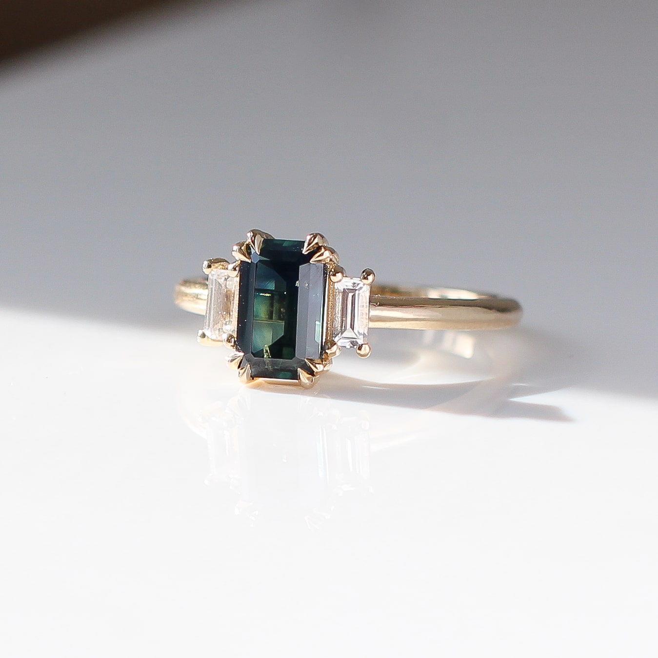 14K Gold Ring with Rose Cut Salt & Pepper Diamond and Green Sapphires |  Stitch and Tickle
