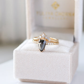 Shield Cut Salt And Pepper Diamond Ring with crown diamond gold band in jewellery box 