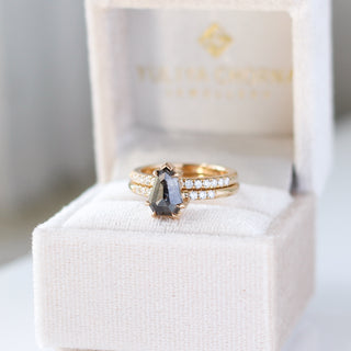 Shield Cut Salt And Pepper Diamond Ring paired with diamond gold band in jewellery box