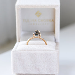 Shield Cut Salt And Pepper Diamond Ring profile view in jewellery box