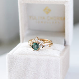 Cut Corner Rectangle Step Cut Green Sapphire Ring with crown diamond gold band in jewellery box  