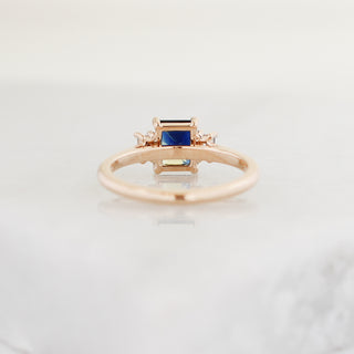 Emerald cut blue sapphire ring back view 
