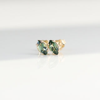 Marquise cut green sapphire earrings in solid gold front view