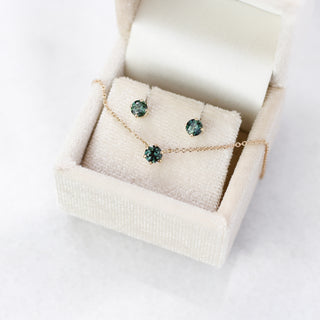 Round Green Sapphire Studs with a Green Sapphire necklace in jewellery box