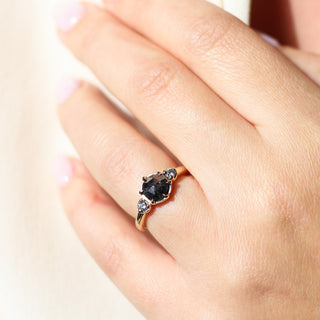 Round rose cut salt and pepper diamond ring on hand