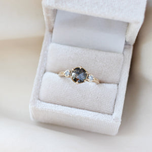 Round rose cut salt and pepper diamond engagement ring in ring box