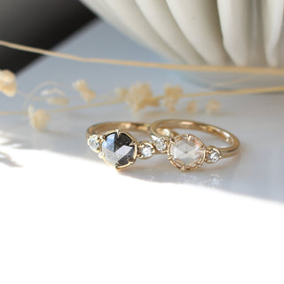 Round rose cut salt and pepper diamond ring in group shot