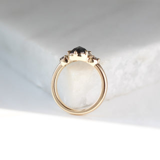 Rose cut salt and pepper diamond engagement ring side view