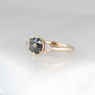 Round rose cut salt and pepper diamond engagement ring three quarter view